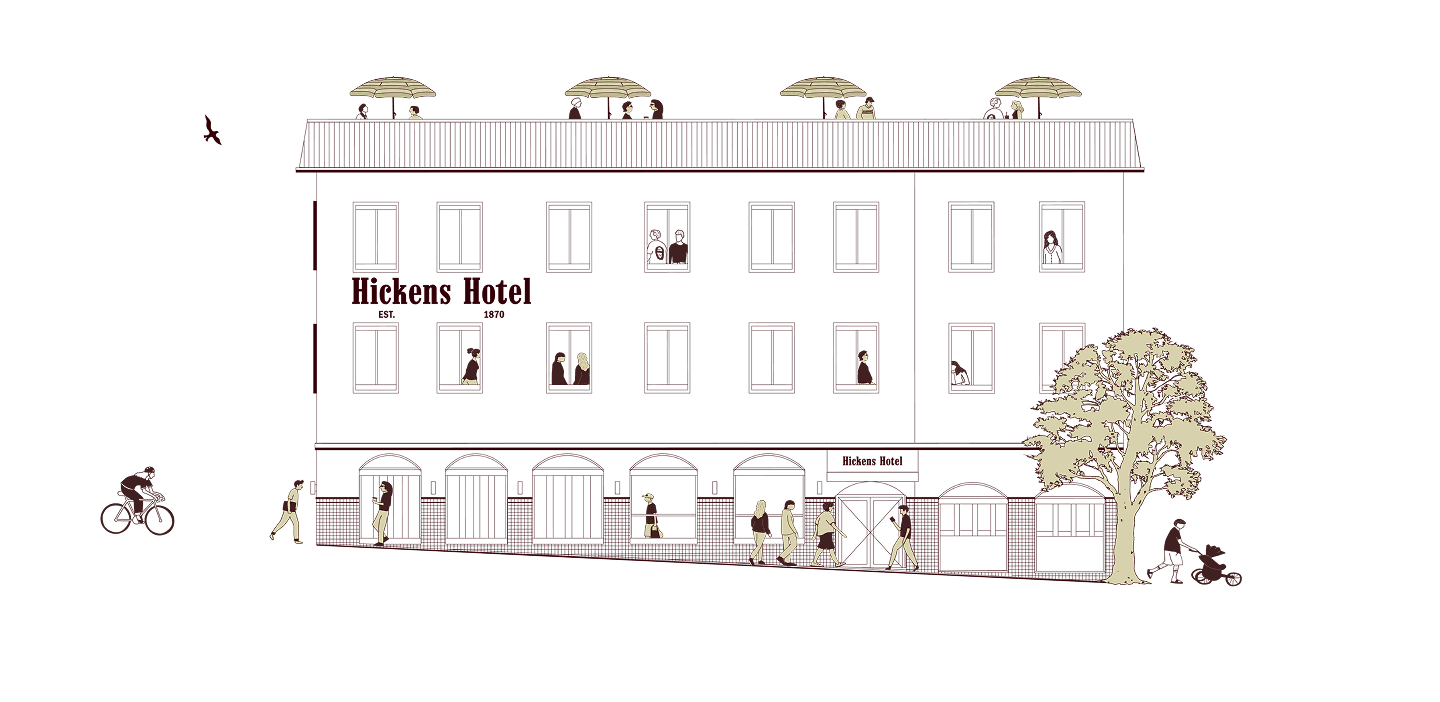 An illustration of the Hickens Hotel building on Russell Street, with drinkers on the rooftop