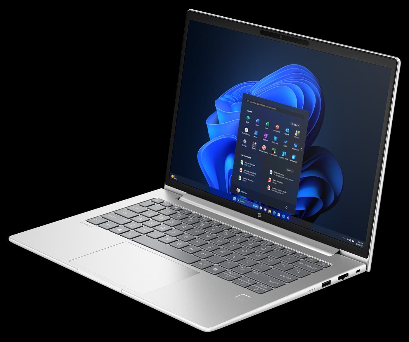 The HP ProBook 4 G1a laptop, open, in pike silver